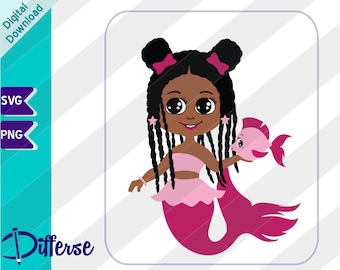 African American Mermaid With Cute Braids | SVG Cut File & PNG | Black Mermaid Clipart | Cute Mermaid | Black Girl Magic | Vector Mermaid