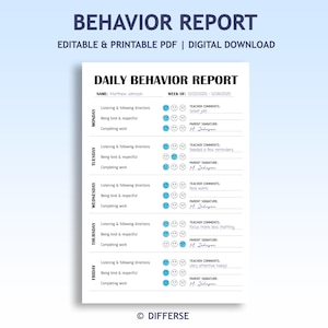 May include: A printable behavior report with the title "Behavior Report" at the top. The report is white with blue accents and includes sections for daily behavior, teacher comments, and parent signatures. The text "Editable & Printable PDF | Digital Download" is also present.