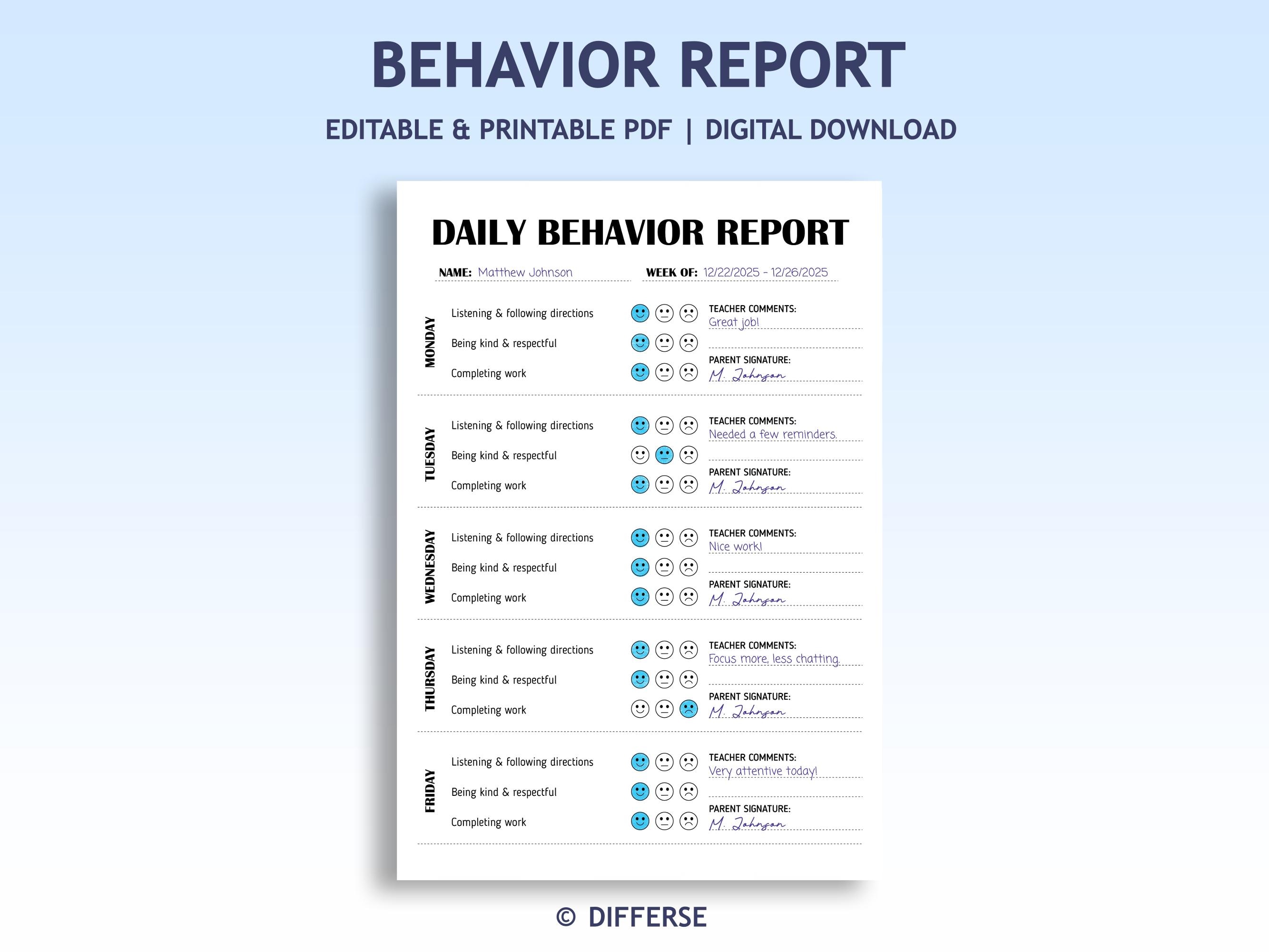 Daily Behhavior Report.pdf Editable Weekly Behavior Report Home | Student Behavior Tracker ...