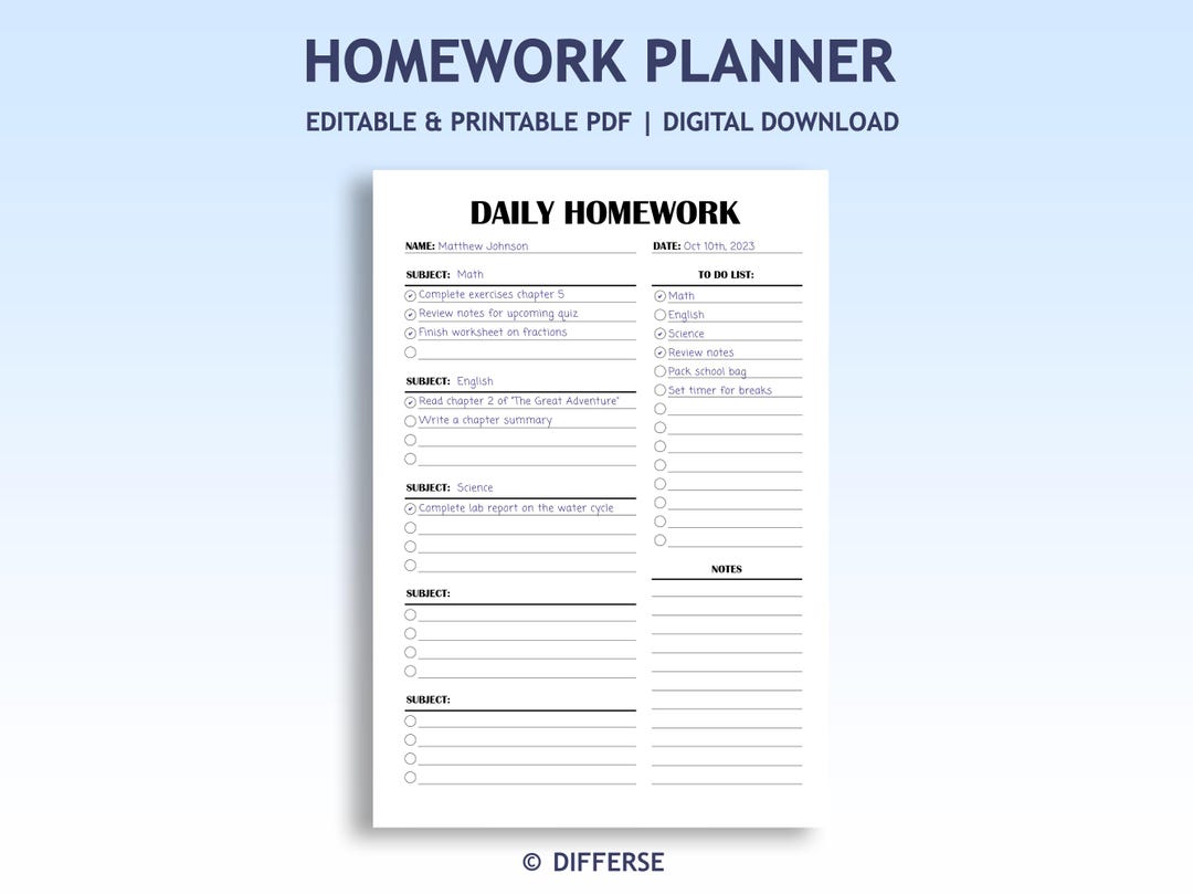 Editable Homework Planner | Homework Tracker | Printable Homework Chart ...