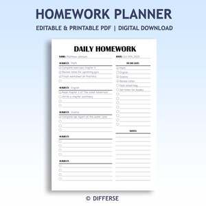 May include: A white printable homework planner with the title "Homework Planner" at the top. The planner includes sections for daily homework, subjects, to-do lists, and notes. The text "Editable & Printable PDF | Digital Download" is also present.