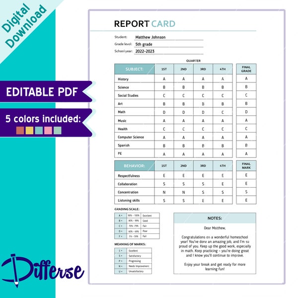 Homeschool Report Card | Grade Card Template | Editable Report Card Template | Homeschool Progress | School Grades