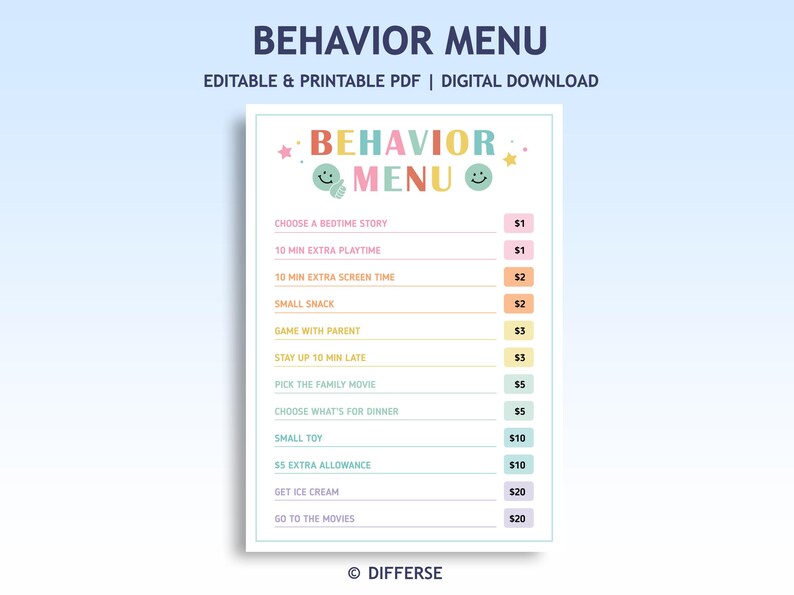 Behavior Menu Reward System for Kids | Mom Bucks | Play Reward Money ...