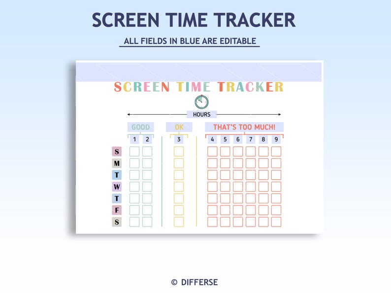 Op de afbeelding: Een printbare schermtijdtracker met een kleurrijk ontwerp. De tracker is verdeeld in drie secties: goed, ok en dat is te veel. Elke sectie heeft een raster met vierkanten om de schermtijd elke dag van de week bij te houden.