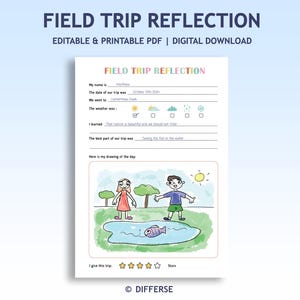 Può includere: Un PDF stampabile intitolato "FIELD TRIP REFLECTION" con sezioni da compilare per il nome dello studente, la data, il tempo e i dettagli del viaggio. Include un'area di disegno e una sezione di valutazione. L'immagine mostra un'illustrazione colorata di uno stagno con due bambini e un pesce.