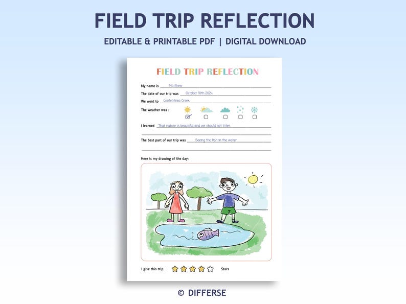May include: A printable PDF titled "FIELD TRIP REFLECTION" with fill-in sections for a student's name, date, weather, and trip details. Includes a drawing area and a rating section. The image shows a colorful illustration of a pond with two children and a fish.