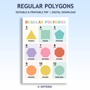 Op de afbeelding: Een afdrukbare PDF met de titel "REGULAR POLYGONS" toont verschillende geometrische vormen. De afbeelding toont een driehoek, een vierkant, een vijfhoek, een zeshoek, een zevenhoek, een achthoek, een negenhoek, een tienhoek en een twaalfhoek.
