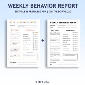 Può includere: Due modelli stampabili di "Rapporto settimanale sul comportamento". Il rapporto a sinistra ha un'intestazione colorata, mentre quello a destra è in bianco e nero. Entrambi includono sezioni per i rapporti giornalieri e settimanali, con caselle di controllo e spazio per i commenti.