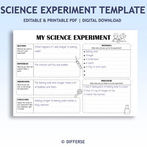 May include: A printable science experiment template with the title "Science Experiment Template" at the top. The template includes sections for a question, hypothesis, observation, and conclusion. The experiment involves baking soda and vinegar.