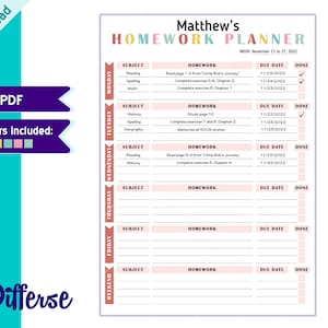 Printable Homework Planner | Homework Chart | Homework Tracker | Homeschool Planner | Homework Log | Assignment Tracker | Homework Log