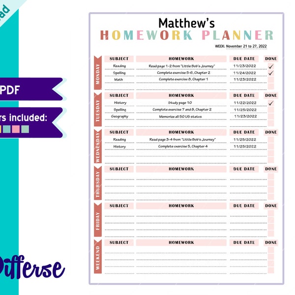 Printable Homework Planner | Homework Chart | Homework Tracker | Homeschool Planner | Homework Log | Assignment Tracker | Homework Log