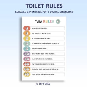 May include: A printable PDF sign with the text "TOILET RULES" at the top. The sign has a white background with colorful illustrations and text instructions such as "Always close the door" and "Use the toilet, not the floor."