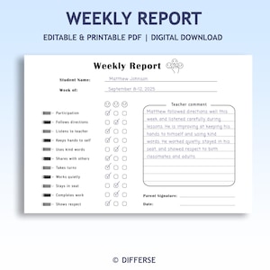 May include: A printable weekly report template titled "Weekly Report". It features sections for student details, a week commencing date, and a checklist for behaviours. There is also a space for teacher comments.