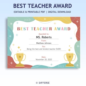 Könnte beinhalten: Ein druckbares Zertifikat mit einem bunten abstrakten Hintergrund und goldenen Trophäensymbolen. Der Text lautet "Beste Lehrerin/Bestem Lehrer" und enthält Felder für den Namen des Lehrers, den Namen des Gebers und das Datum.