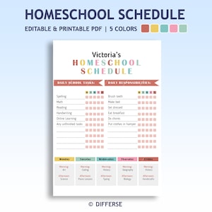 Editable Homeschool Planner | Digital School Planner | Printable Homeschool Schedule | Daily Schedule for kids | School Routine Chart | PDF