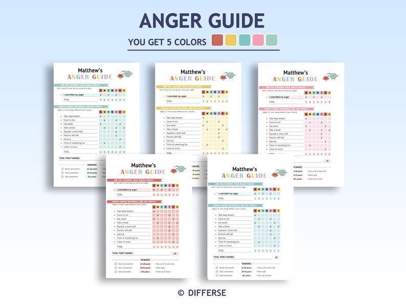 May include: Five printable anger management charts for children. Each chart features a different color scheme and a checklist of coping mechanisms for managing anger. The charts are titled "Matthew's Anger Guide" and include a section for tracking points earned for successfully managing anger.