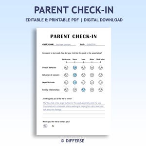 Könnte beinhalten: Ein druckbares PDF-Dokument mit dem Titel „PARENT CHECK-IN“ mit weißem Hintergrund. Das Formular enthält Abschnitte für den Namen des Kindes, das Datum und einen Vergleich des Verhaltens, der Stimmung und der Familienbeziehungen des Kindes. Das Dokument ist ein digitaler Download.