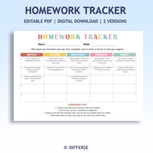 Huiswerktracker | Bewerkbaar huiswerkschema | Afdrukbaar huiswerkschema | Thuisschoolplanner | Huiswerklogboek | Opdrachtentracker