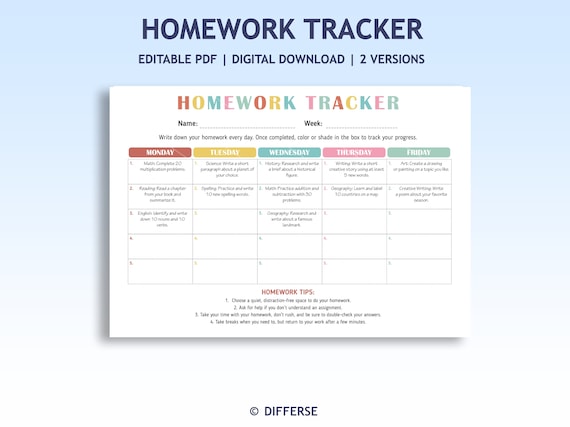 Homework Tracker | Editable Homework Chart | Printable Homework Chart | Homeschool Planner | Homework Log | Assignment Tracker