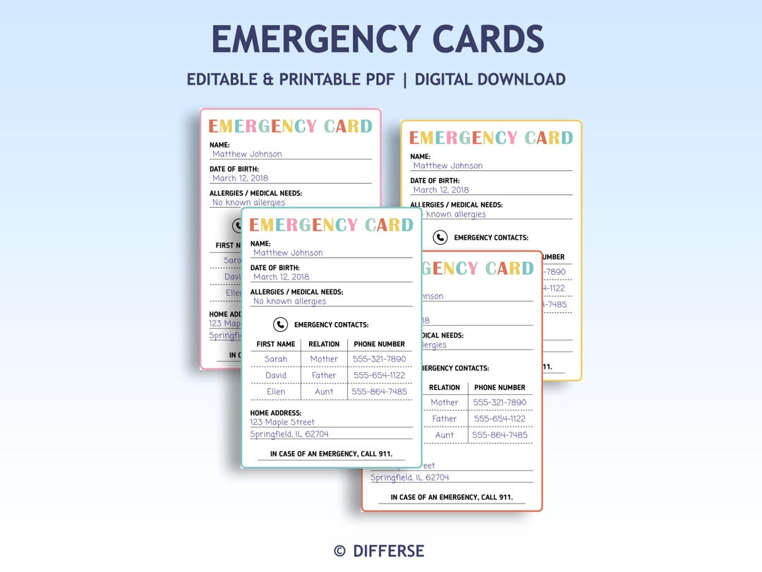 Kids Emergency Information Cards | Emergency Backpack Tag | Medical ...
