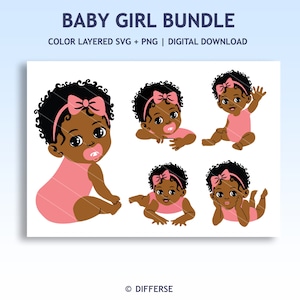 Set di 5 graziose neonate afroamericane / File di taglio SVG e PNG / Bambina SVG / Pacchetto bambino nero SVG / Clipart neonato / Ragazza nera png