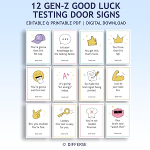 May include: A set of 12 rectangular door signs featuring Gen-Z slang and motivational phrases with colorful borders and simple line-art illustrations. The text includes phrases like You're gonna slay this, No cap, and It's giving A+ energy today.