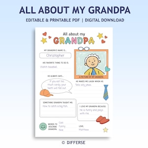 Może przedstawiać: Wydrukowany kwestionariusz zatytułowany All About My Grandpa z kolorową grafiką przedstawiającą gwiazdki, serca, czapkę z daszkiem, krawat i kapcie. Dokument zawiera sekcje do wypełnienia imionami, ulubionymi zajęciami i osobistymi anegdotami.