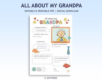 All About My Grandpa Printable | Grandparents Day Activity | Grandpa Gift | Kids Writing & Coloring Page | Grandfather Keepsake