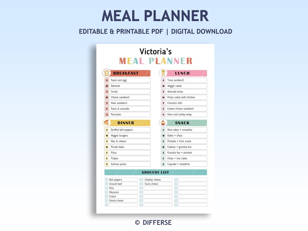 Kids Meal Planner | Weekly Meal Planner | Printable Meal Plan | Meal ...