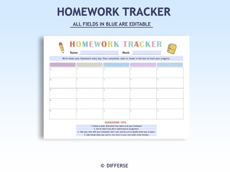 Homework Tracker | Editable Homework Chart | Printable Homework Chart ...