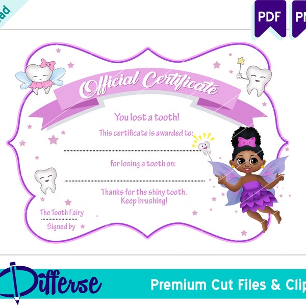 Tooth Fairy Certificate for African American Girls | Lost Tooth | Tooth Fairy Printable PNG | Tooth Fairy Gift | Black Fairy Princess PDF