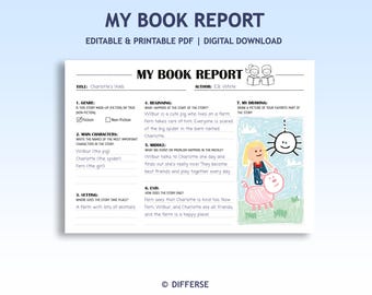 May include: A printable "My Book Report" template with the title "Charlotte's Web." The report includes sections for genre, characters, setting, and a drawing area. The image features a drawing of a pig, spider, and girl.