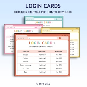 Könnte beinhalten: Digitaler Download von bearbeitbaren und druckbaren Login-Karten. Die Karten sind wie Browserfenster gestaltet, mit dem Text "LOGIN CARD". Die Karten enthalten Programmnamen, Benutzernamen und Passwörter.