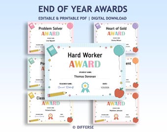 Kids End of Year Awards | Editable Student Certificates | Classroom Blank Certificate | Printable Graduation & Achievement Certificates