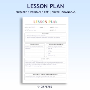 May include: A lesson plan template with the title "Lesson Plan" in colorful letters. The document includes sections for date, grade, topic, objectives, lesson focus, materials, and lesson steps. It is a digital download.