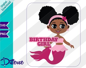 Cute Black Mermaid Birthday Girl | SVG Cut File & PNG | African American Mermaid | Cute Mermaid | Magical Black Girl | Afro Mermaid