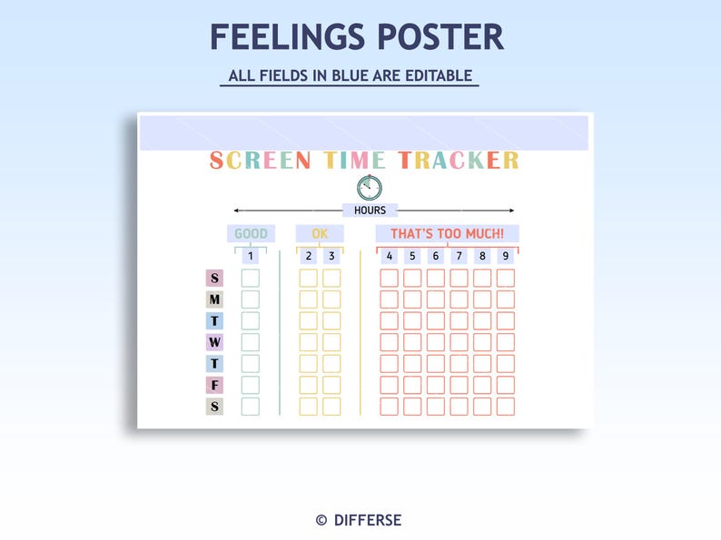 Op de afbeelding: Een afdrukbare schermtijdtracker-grafiek met een kleurrijk ontwerp. De grafiek is verdeeld in drie secties: goed, ok en dat is te veel! De grafiek is ontworpen om te helpen bij het bijhouden van de schermtijd voor elke dag van de week.