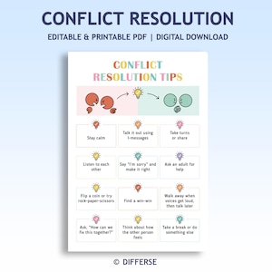 May include: A printable PDF titled "Conflict Resolution" with colorful illustrations and tips. The image features a light blue background and a white poster with text and graphics about resolving conflicts, including "Stay calm" and "Take turns or share."