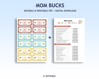 Mom Bucks modifiables | Système de récompense PDF pour les enfants | Comportement Dollars | de la corvée | Dollars de récompense | Bon comportement Bucks | Argent pour maman | Argent fictif