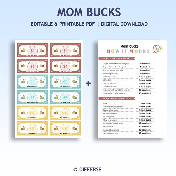 Editable Mom Bucks | PDF Reward System For Kids | Behavior Bucks | Chore Bucks | Reward Bucks | Good behavior Bucks | Mom Money | Play Money
