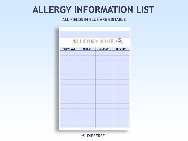 Allergy List + Allergy Information Sheet | Child Allergy Form ...