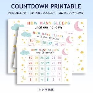 Kids Printable Countdown | How Many Sleeps Until | Birthday Countdown | Christmas Countdown | Vacation Countdown | Military Countdown