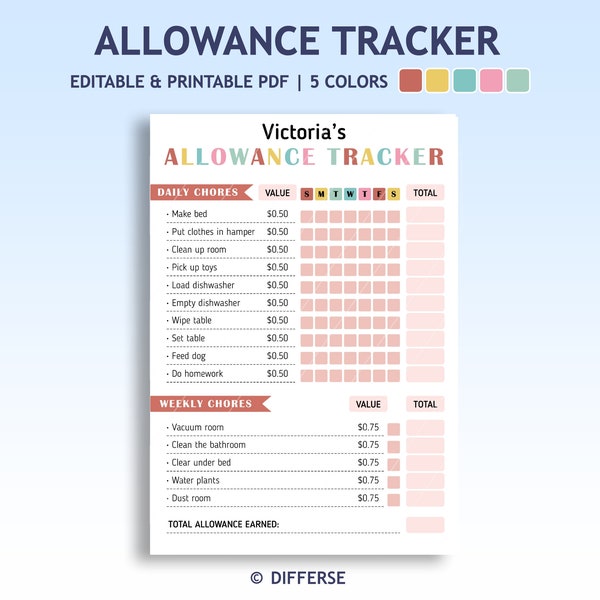 Allowance Tracker For Kids | Allowance Chart | Kids Responsibility | Reward Chart | Earn Money Chore Chart | Printable Allowance Tracker