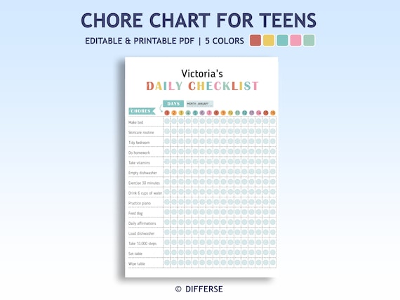 Teen Chore Chart | Daily Chore Chart For Teens | Printable Chore Chart | Kids Chore Chart | Wall Chore Chart | Responsibility Chart