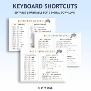 May include: Three white printable keyboard shortcut guides with colorful headers. The guides display text and formatting, browser, and Windows shortcuts. The top of the image reads "KEYBOARD SHORTCUTS" and "EDITABLE & PRINTABLE PDF | DIGITAL DOWNLOAD".