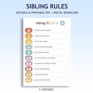 May include: A printable poster titled "Sibling Rules" with colorful hand gestures and text. The rules include being kind, sharing toys, taking turns, and helping each other. The poster is a digital download.