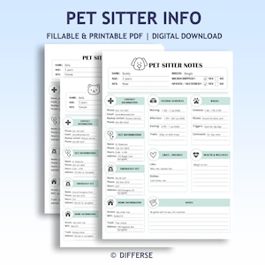 Pet Sitter Notes | Dog Sitter Notes | Cat Sitter Notes | Pet Sitter Info Form | Pet Information | Pet Sitter Planner | Pet Sitter Agreement