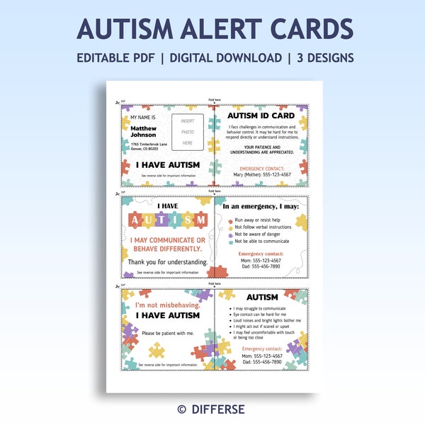 Editable Autism ID card | Emergency Contact Card | Autism Medical Card | Medical ID card | Autism Emergency Card | Non Verbal Communication