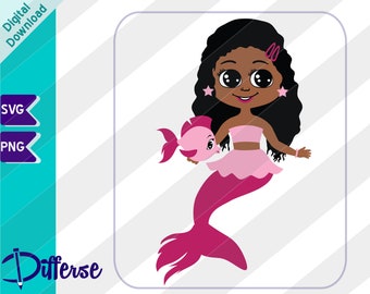 African American Mermaid With Curly hair | SVG Cut File & PNG | Black Mermaid | Afro Mermaid Clipart | Magical Black Girl PNG | Afro Mermaid