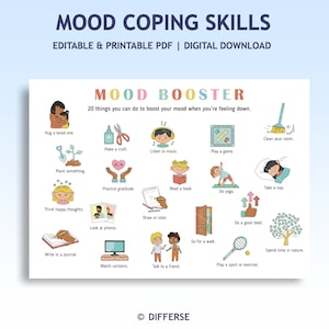 Può includere: Un grafico di potenziamento dell'umore stampabile con illustrazioni colorate e 20 suggerimenti per le capacità di coping. Il grafico include attività come abbracciare una persona cara, fare un lavoretto, ascoltare musica, giocare a un gioco, riordinare la propria stanza, piantare qualcosa, praticare la gratitudine, leggere un libro, fare un pisolino, fare yoga, pensare a pensieri felici, guardare le foto, disegnare o colorare, fare una buona azione, fare una passeggiata, trascorrere del tempo nella natura, scrivere su un diario, guardare i cartoni animati, parlare con un amico e praticare uno sport o esercizio.